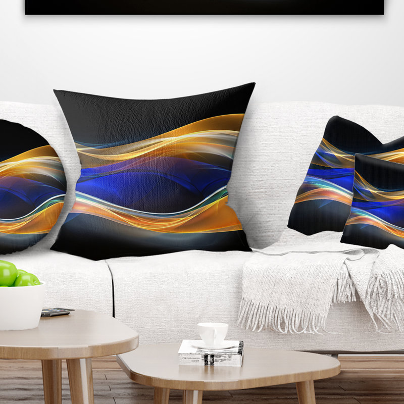 Vagues 3D dorées dans un coussin imprimé abstrait, 16 po x 1 po, Coussin décoratif, Noir / bleu / orange