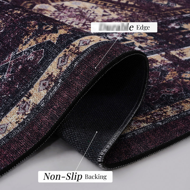 Low-pile 9x12 Area Rug, Washable, Non-slip, - For Dining Room, Hallway, Kitchen - Black+burgundy Safe Bedroom, Living