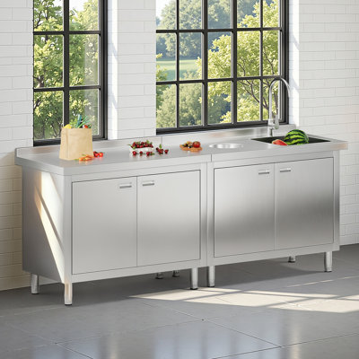 Kaiya 84" W x 24" D x 33.5" H Stainless Steel Utility Sink with Cabinet – Extra-Large Commercial Kitchen & Garage Workstation with Waste Hole & Large Storage