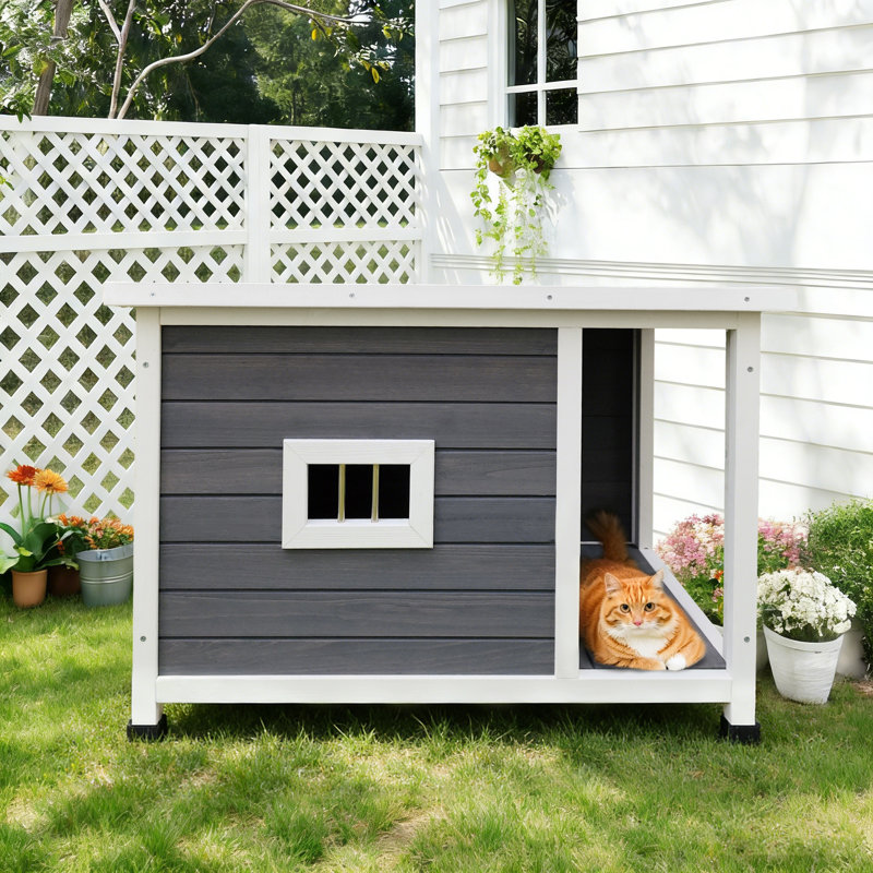 Maison pour chat d'extérieur grise avec toit imperméable, fenêtres ventilées et support en métal robuste - Abri pour animaux spacieux et élégant pour chats