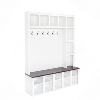 Wooden Style Hall Tree With 6 Hooks, Practical Walnut Storage Bench With Adjustable Shelves,  4-In-1 Entryway Shoe Cabinet With 13 Cubbies For Mudroom, Living Room, 76.7"H