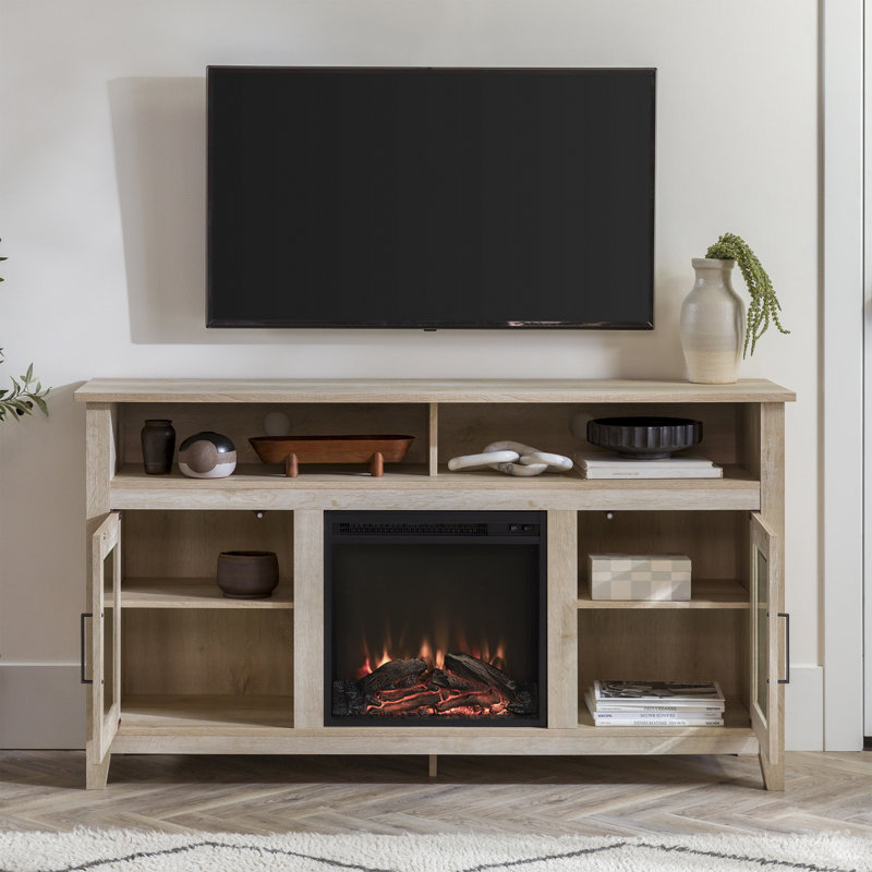 Kohn 58" 2-Door Media Console with Electric Fireplace, White Oak