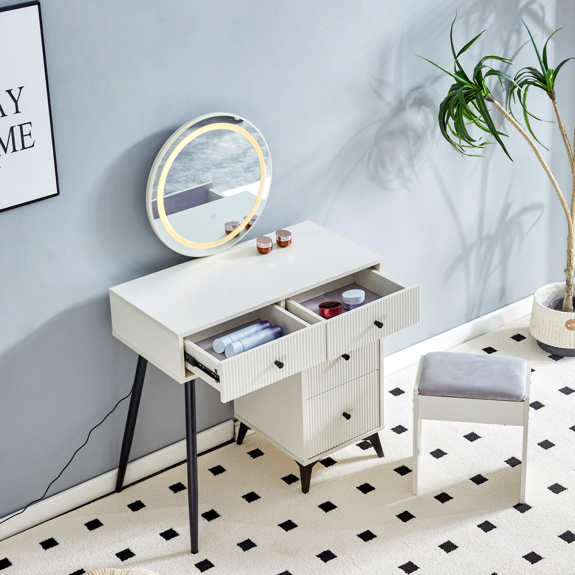 Movable Vanity George Oliver Fluted Makeup Vanity Desk With Round LED Mirror And ...