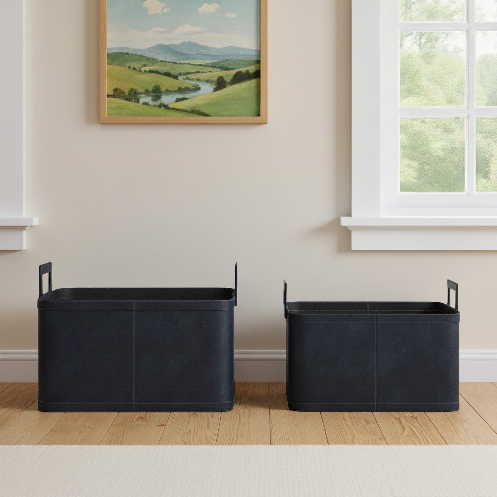 2 Piece Leather Basket Set