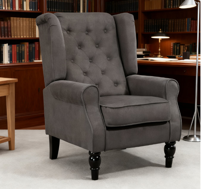 Chaise d'appoint moderne, capitonnée avec accoudoirs ronds et pieds en bois, gris foncé
