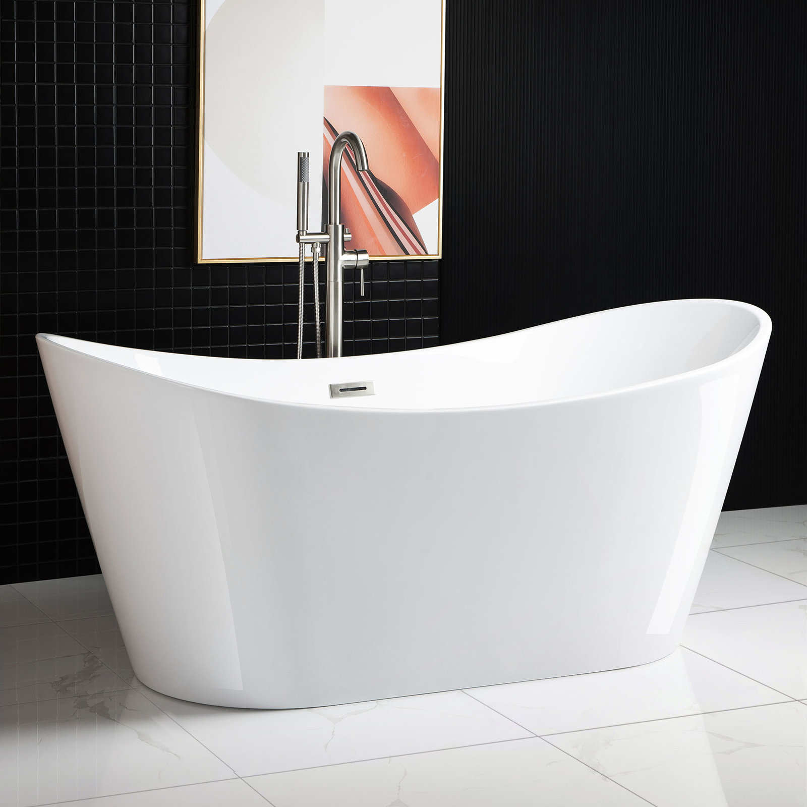 Vital 67" Freestanding Soaking Acrylic Bathtub, Brushed Nickel, White