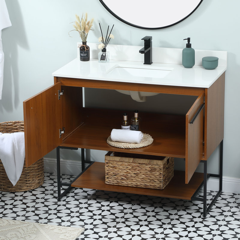 Rozell 40'' Single Bathroom Vanity with Engineered Marble Top, Teak