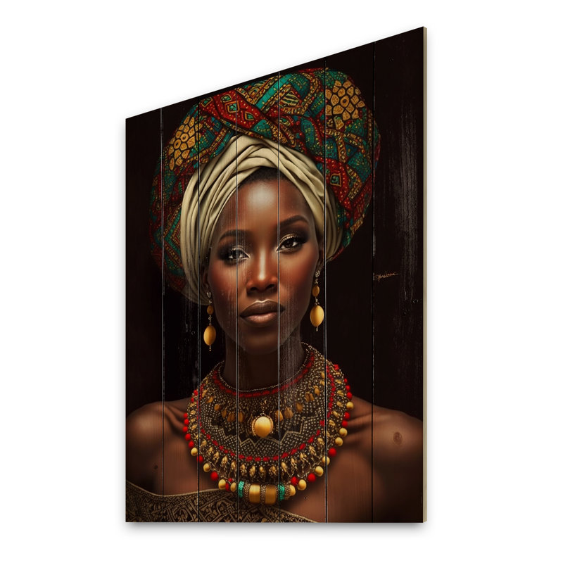 Reine africaine avec collier traditionnel sur bois, H 40 po x l 30 po x P 0,78 po