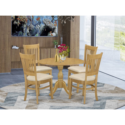 5 Piece Kitchen Table Set for 4 Includes a Round Dining Room Table with Dropleaf and 4 Linen Fabric Dining Chairs, Oak