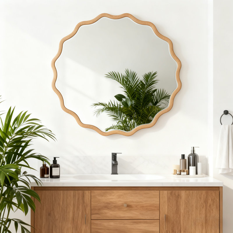 Bohemian Round Wood Framed Decorative Wall Mirror, 30" x 30", Natural Wood