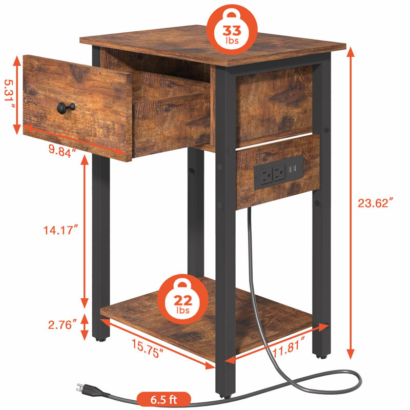 Nightstand With Charging Station, Side Table End Table With Large Drawer And Storage Shelf,(Brown)
