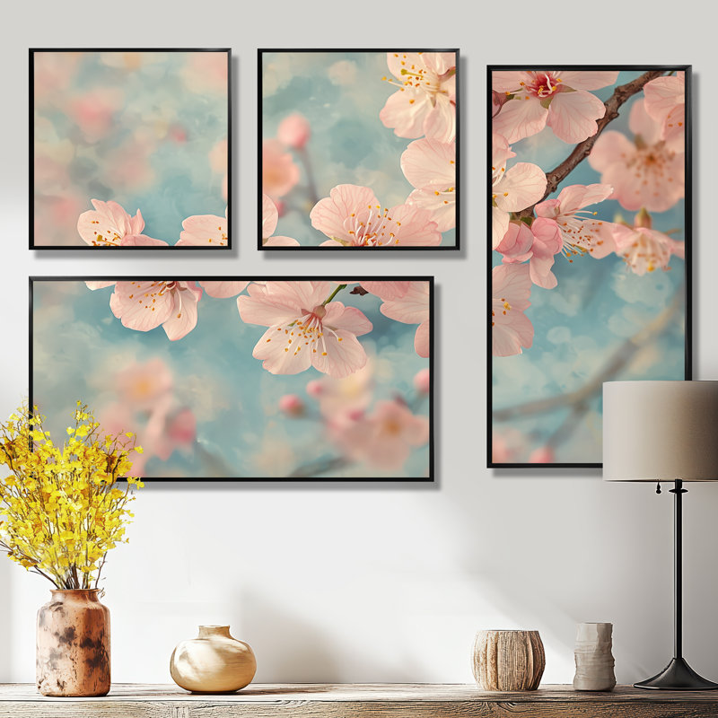 Fleur de cerisier rose - Printemps, art mural floral 4 pièces, Reproduction encadrée sans passe-partout, Black