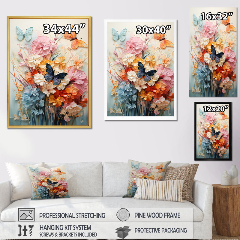 «Butterfly Whimsical Flight Bouquet I», art mural papillon, H 40 po x l 30 po x P 1,5 po, Cadre doré simple