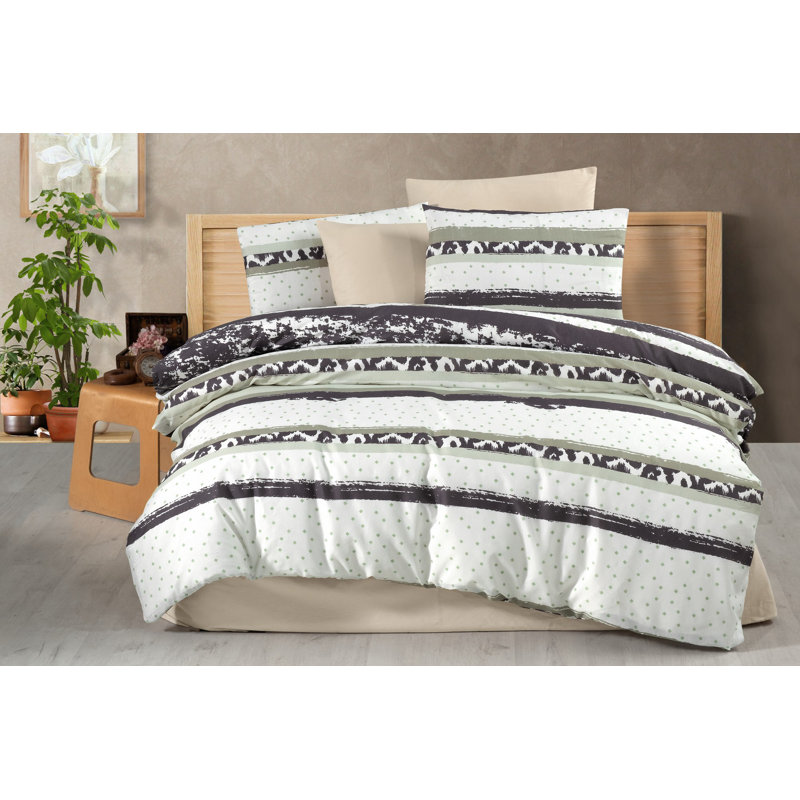 Elegant Single Quilt Cover Set, White/Black/Mint, 53.1 x 78.7 inches | 50% Cotton / 50% Polyester, 127 Thread Count | Button Closure Duvet Cover & Envelope Pillowcase (1), Machine Washable at 86°F