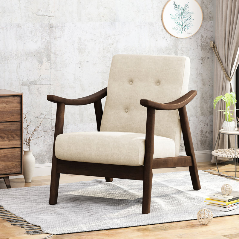 Chaise de style Mid-Century moderne avec revêtement beige et structure d'appoint brun
