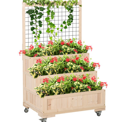 51.81" H Raised Garden Bed With Trellis - 3 Planter For Flower, Veg, Herb Planting Robust Solid Wood Wheels And Back Storage Facility Presented 53" Vertical 3 Bed, Trellis, Vegetable,