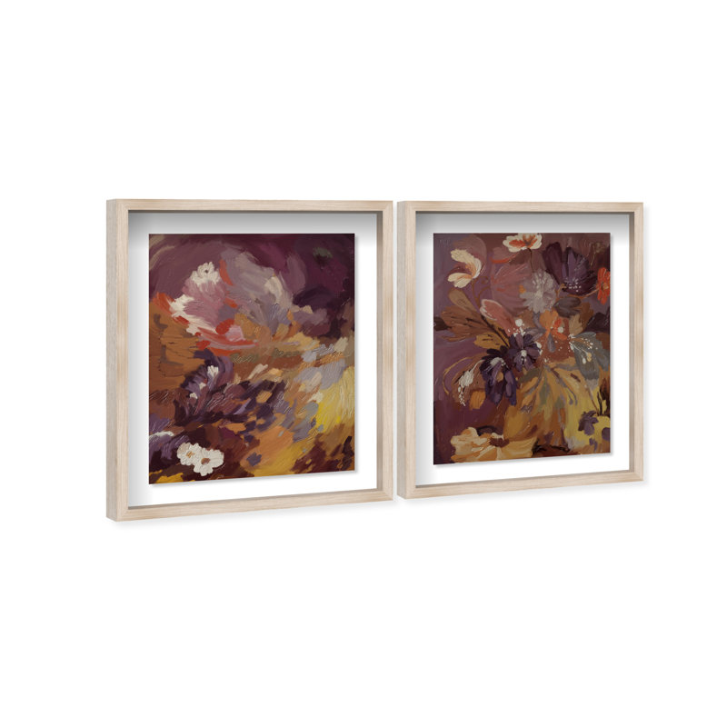 Crimson garden Set Shadowbox Abstract Print by Oliver Gal, Black Frame, 16 x 20, 17.5"H x 21.5"W, Natural Oak Shadowbox
