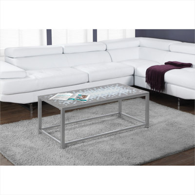 Table basse de salon avec plateau en mosaïque bleue et base en métal gris classique, 42 pouces, style transitionnel