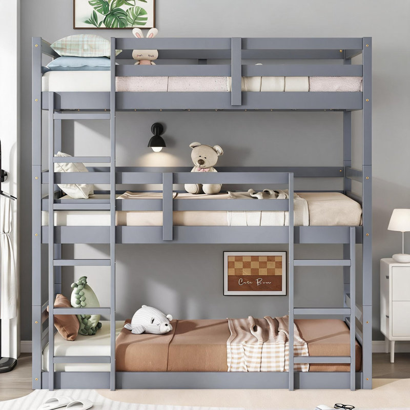 Lit superposé simple détachable en bois d'hévéa gris classique et peu encombrant, cadre minimaliste contemporain pour chambres partagées avec échelles et garde-corps