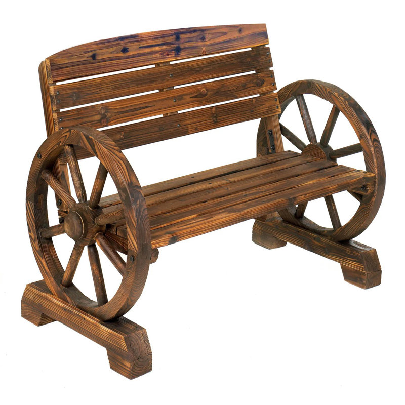 Rustic Wooden Wagon Wheel Bench | Outdoor Garden Loveseat