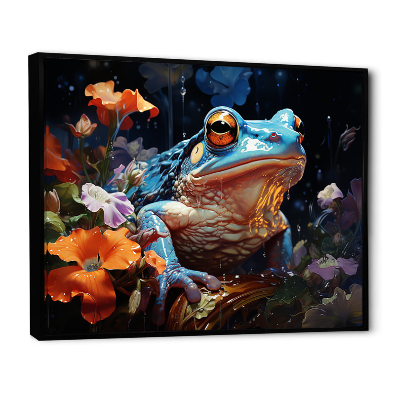 «Blue Frog on Glass Effect», reproduction sur toile, Cadre flottant noir, H 34 po x l 44 po x P 1,5 po