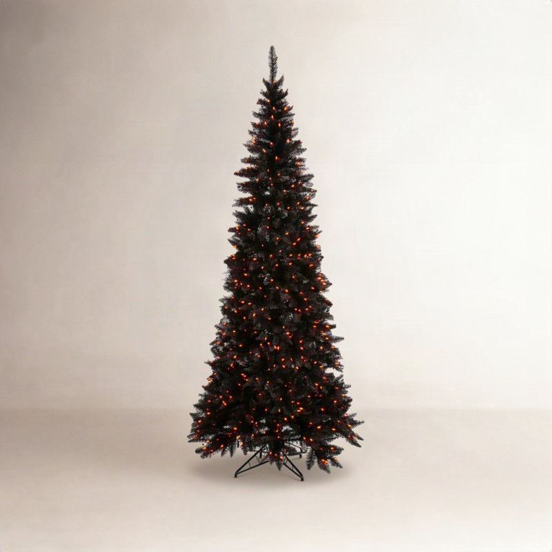Slim Black Fir Artificial Christmas Tree with LED Orange Lights with Stand, 6.5' H x 34" W
