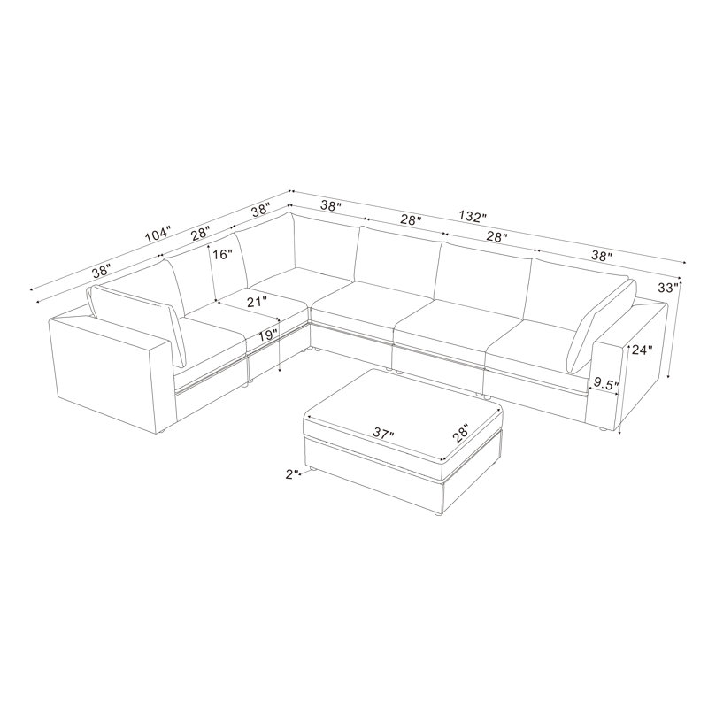 Canapé d'angle modulaire réversible Aneea avec pouf, Velours côtelé bleu foncé, 33 po H x 132 po L x 104 po P