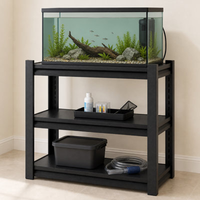 Support d'aquarium à hauteur réglable de 34 po à 3 niveaux avec tablettes de rangement, support d'aquarium en métal pour aquarium de 20 à 30 gallons, noir