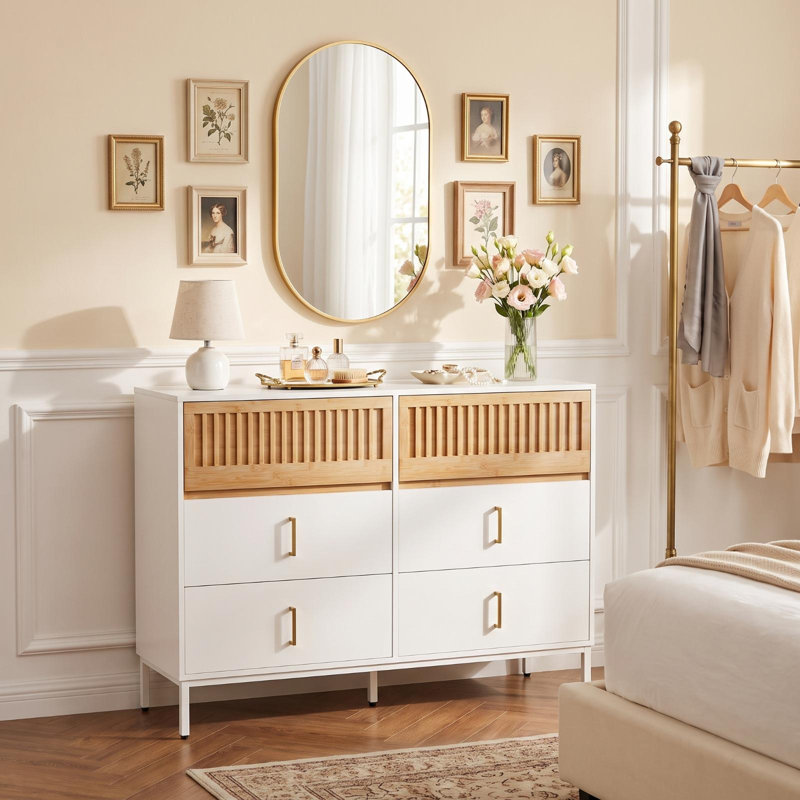 Cejas 46.3" W 6-Drawer Bamboo Double Dresser, White