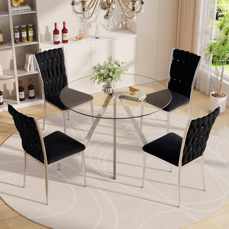 Ensemble de table de salle à manger en verre avec chaises rembourrées en velours, 5, Noir / argenté, Argent argent