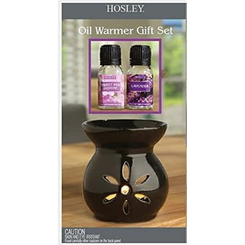 Hosley Black Ceramic Oil Warmer with 2 10ml Warming Oil Gift Set, Use with Tealights Ideal for Spa and Aromatherapy Use with Hosley Brand Essential Oils and Fragrance Oils