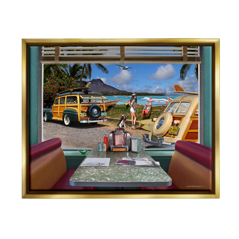 Diner rétro avec vue sur la plage, H 25 po x l 31 po x P 1,7 po, Cadre flottant métallique doré