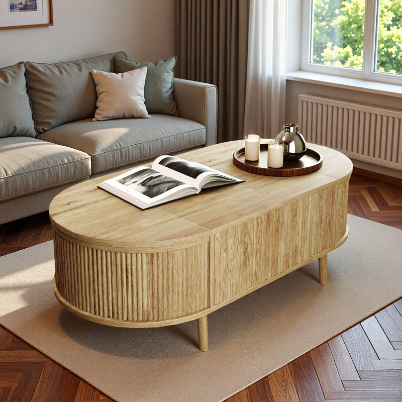Table basse ovale minimaliste de 47,24 po avec rangement caché et finition grain de bois, Acacia Wood