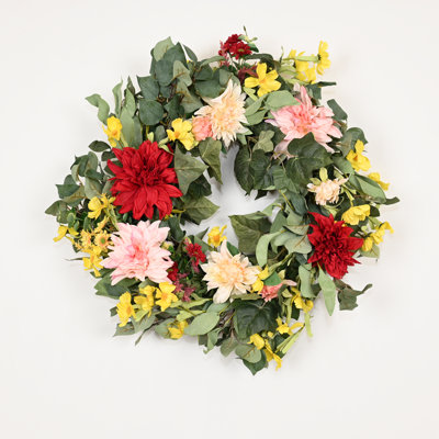 24" Artificial Farmhouse Spring Summer Blossom Cluster Greenery Foliage Mixed Wildflower Dahlia Floral Wreath For Front Door