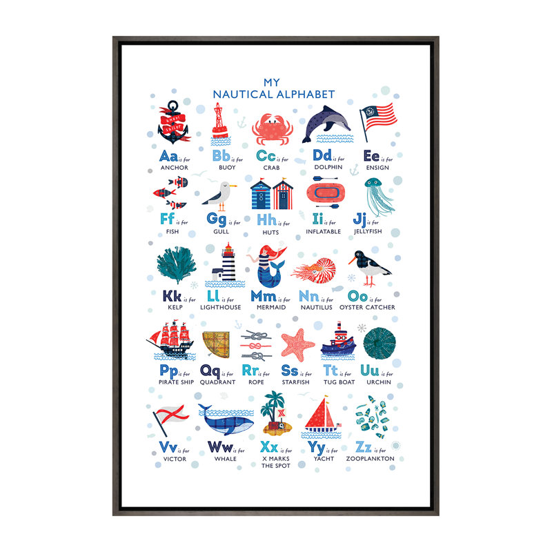 Nautical Alphabet - impression d'art graphique, Pas de tapis, H 60 po x l 40po x P 1,5 po, Toile avec cadre gris