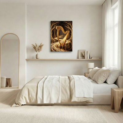 Golden Harp With Ram Head In Glowing Starry Forest Canvas Wall Art