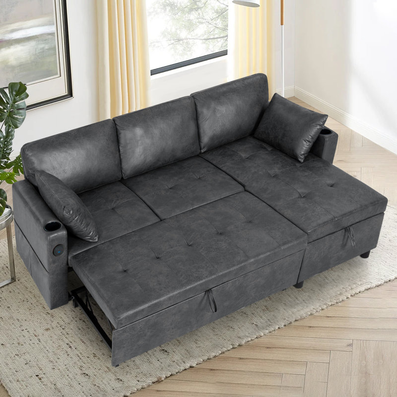 84" Reversible Sectional Pull-Out Sofa Bed With Adjustable Backrest,Suede Leather Modern L-Shape Sofa With Storage Chaise, 3-Seat Convertible Couch With Usb Charging Port For Living Room, Apartment, House