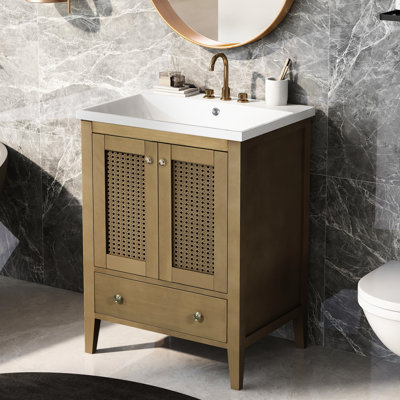 Meuble-lavabo de 24 po avec lavabo en céramique, armoire, illustration à thème naturel, structure de cadre, nombreux espaces de rangement, installation manuelle simple, décoration de lavabo et de décoration, construction stable