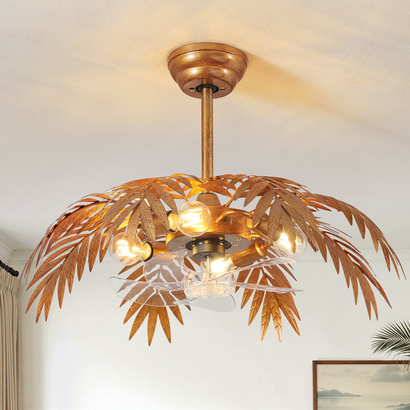 Ventilateur de plafond fandelier à feuilles de palmier 25 po avec lumière et télécommande et commande APP, moteur BLDC intelligent