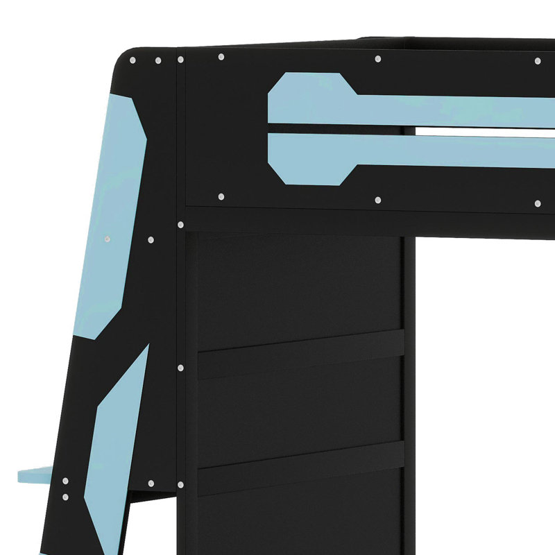 Lit mezzanine avec bureau intégré, tablettes de rangement à plusieurs niveaux et éclairage ambiant RVB, Bleu