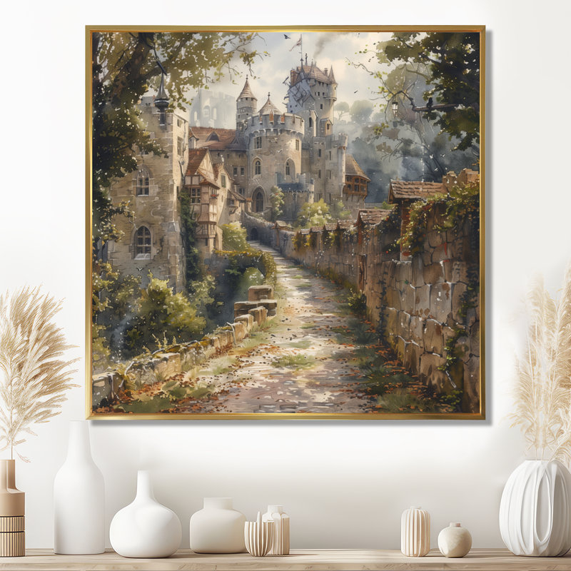 Beige Brown Medieval Stronghold Fortress I - Fortresses Wall Decor, Toile avec cadre flottant or