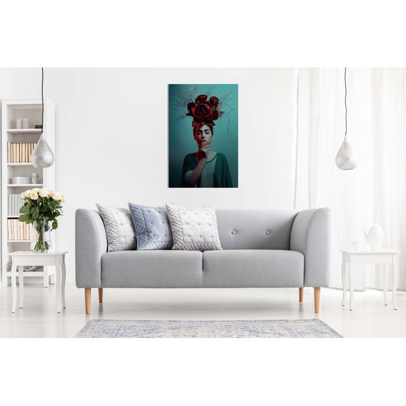 Panther Print Fine Art Prints Woman With Red Rose & Twigs Portrait Artistic Framed Canvas Prints, Pictures For Home Walls, Bedroom, Living Room & Bathroom Decor - Wrapped Canvas Art Prints