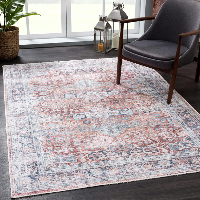 Tapis traditionnel lavable antidérapant - brique / bleu foncé , Rectangulaire 3 pi x 5 pi