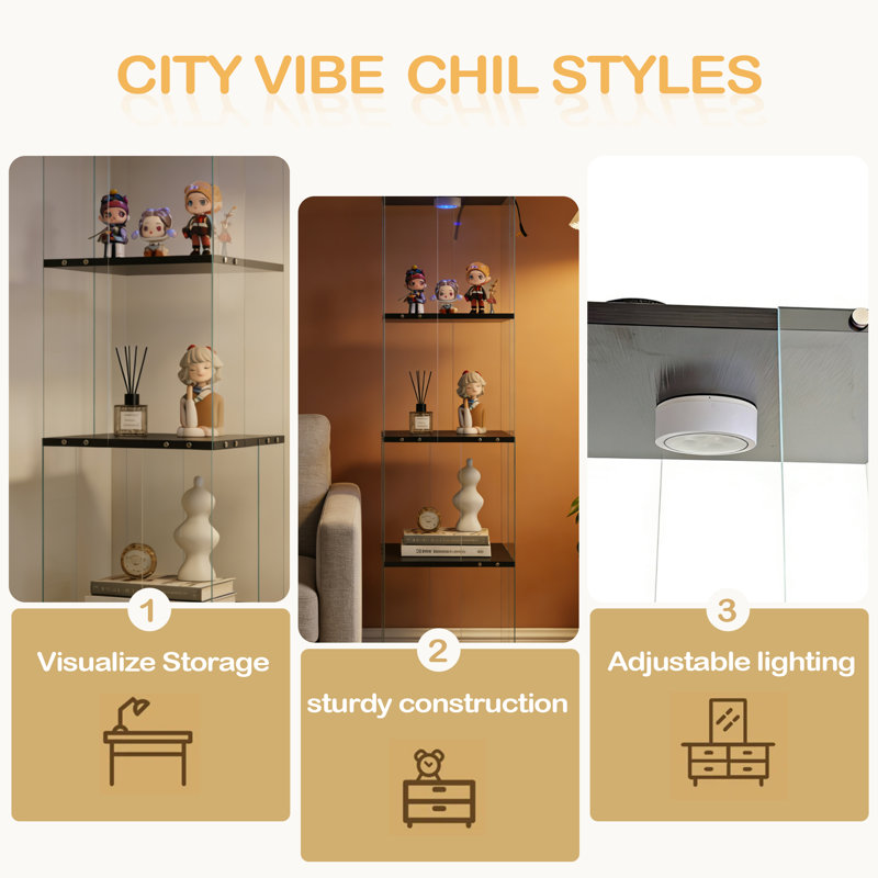 Rotatable Four-Layer Tempered Glass Display Cabinet,Liquor Cabinet,File Cabinet,Storage Cabinet,With Remote Control Paipai Lamp,Adjustable Feet,Be Placed In The Living Room,Kitchen,Corridor