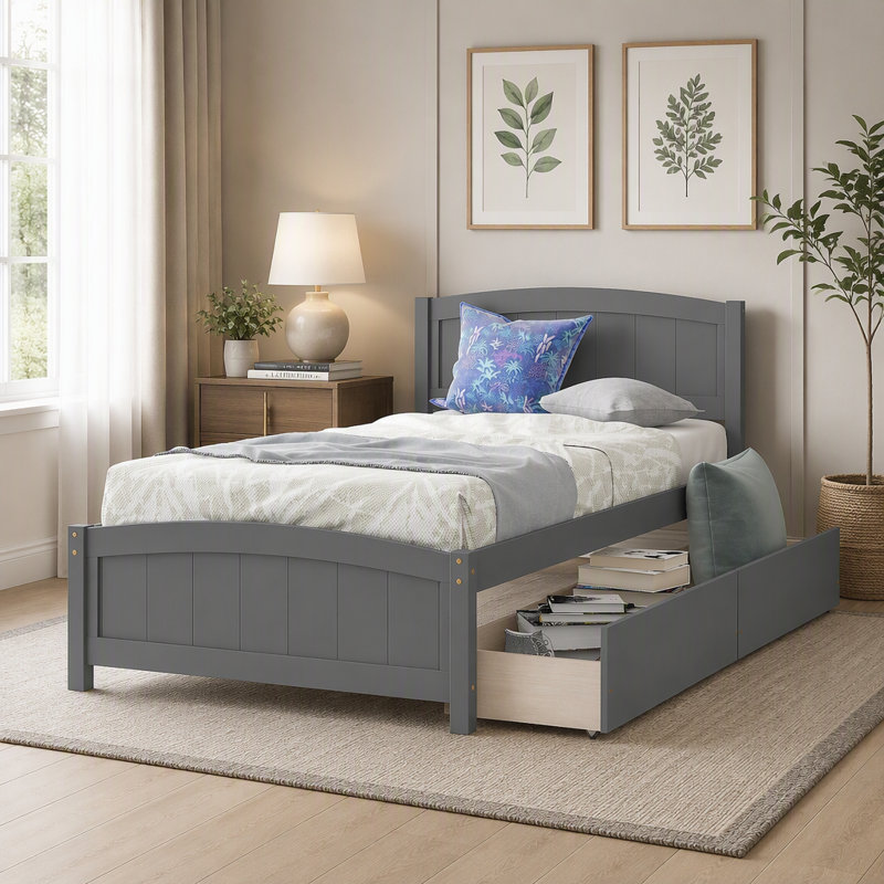 Lit plateforme simple en bois massif avec deux tiroirs, conception élégante et durable pour les chambres modernes