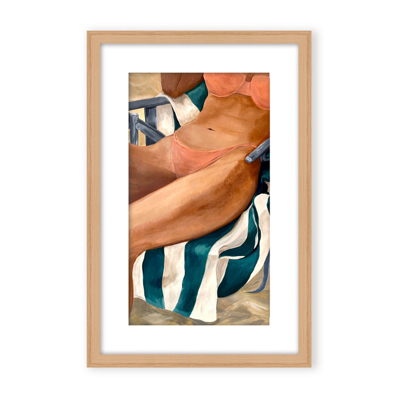 Coastal Retreat Riviera Retreat: Woman Lounging On Beach Towel And Chair, 40" H x 30" W x 1.125" D, Framed Matted Print