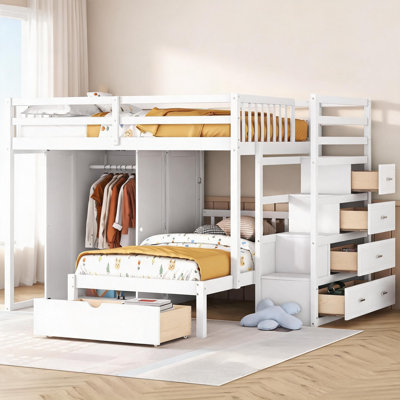 Cadre de lit avec rangement double au-dessus d'un lit simple en bois massif blanc pur avec tiroirs intégrés et garde-robe pour les petites chambres partagées
