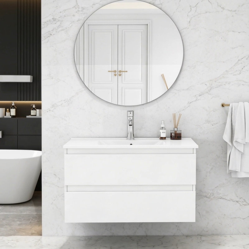 Ensemble de meuble-lavabo avec lavabo 31,5 po, armoire avec 2 grands tiroirs, système de fermeture en douceur, 2 grands tiroirs, conception sans poignée, assemblage facile, blanc brillant