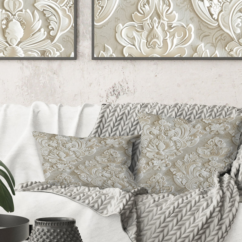 Coussin décoratif blanc à motif floral damassé blanche III, H 16 po x l 16 po