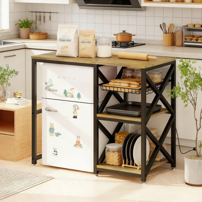 Kitchen Bakers Rack With Power Outlet And Storage, Multi-Purpose Stand With Adjustable Shelves For Microwave, Mini Fridge, And Small Appliances In Office, Kitchen, Or Living Room